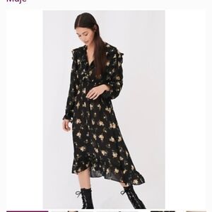 Maje Black and Gold Floral Midi Dress